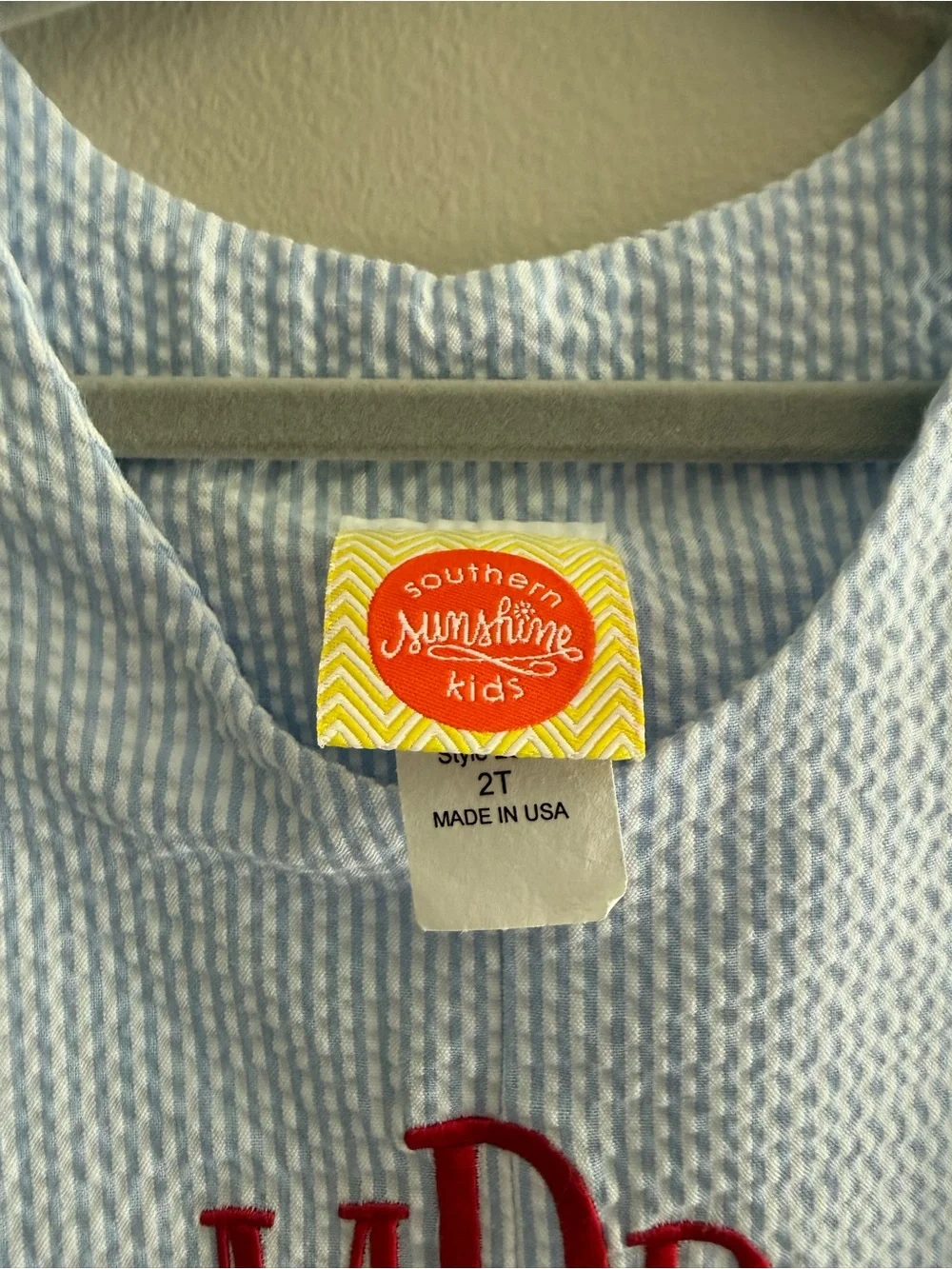 Southern Sunshine Kids Boys 2T Blue White Seersucker Monogram Romper mBr MRB